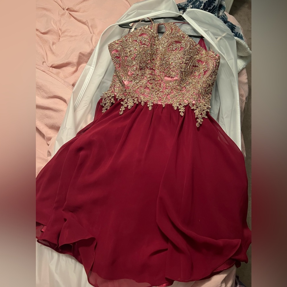 Burgundy and gold homecoming dress, size medium